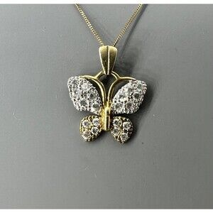 Yellow Gold Butterfly Pendant Necklace with Sparkling Pave Set Stones 17” 375 9k